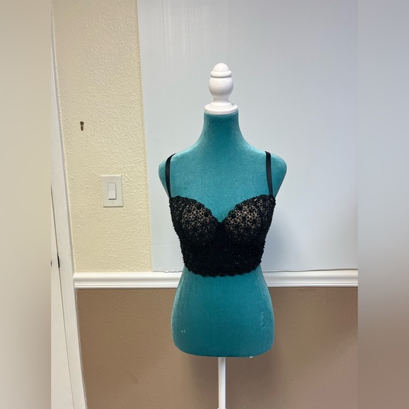 BEBE Black Beaded Lace Bustier Crop Top - Size L Whimsigoth Witchy Vampy Y2K - Picture 3 of 7